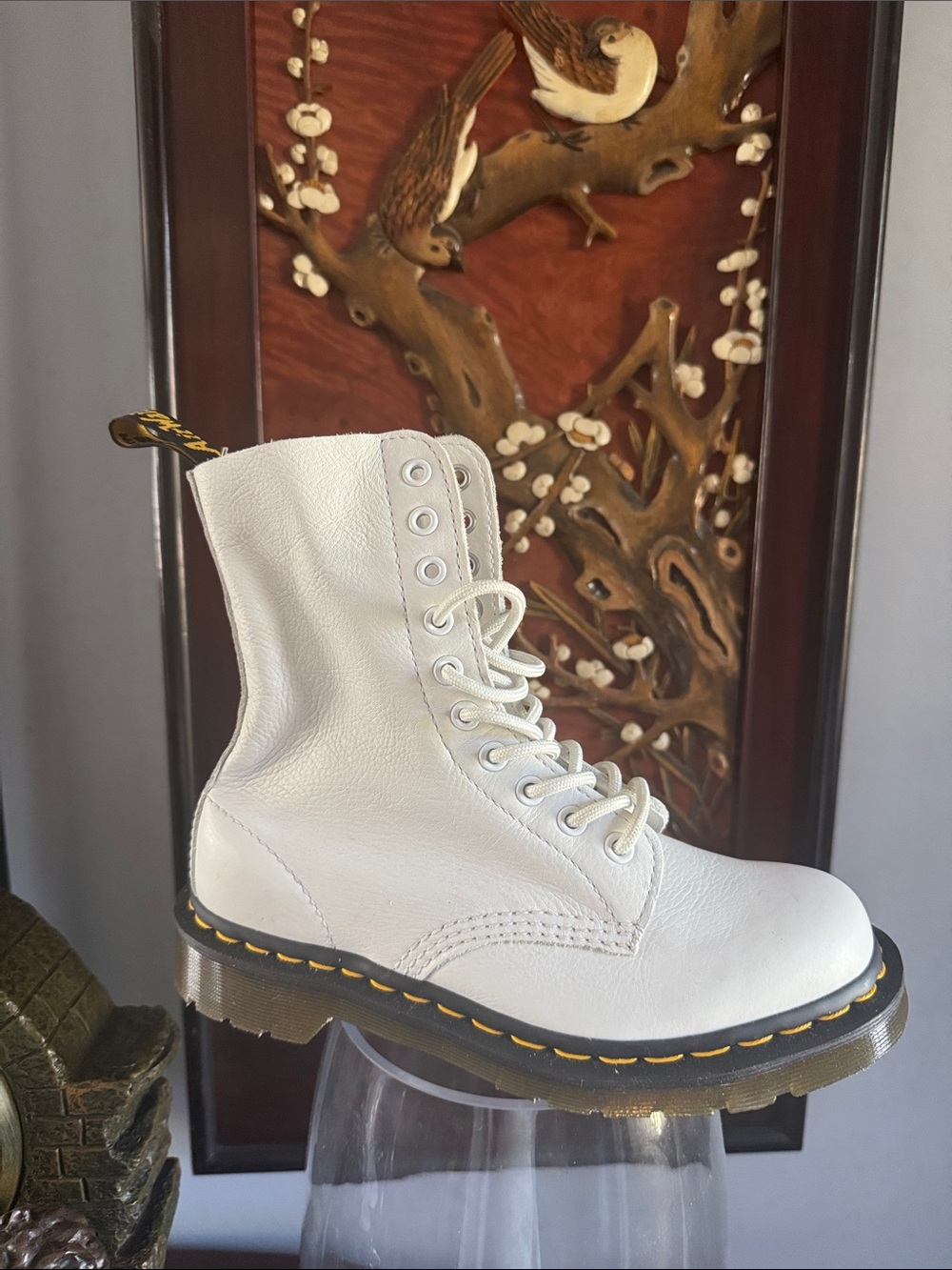 Dr. Martens White Lace-Up Combat Boots with Yellow Stitching